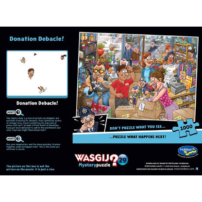 Wasgij Mystery Puzzle 29 Donation Debacle 1000 piece box showing the cartoon clue illustration of a chaotic charity shop full of customers eagerly browsing donations