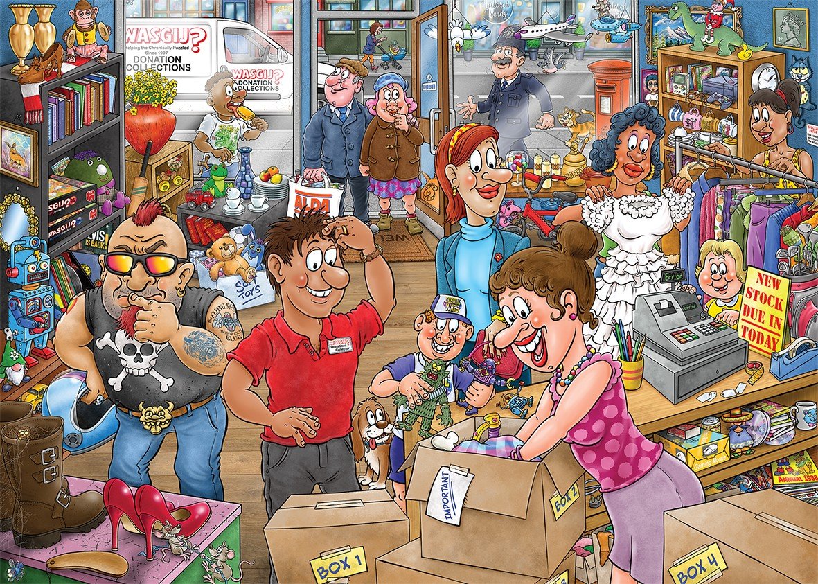 Cartoon scene showing a chaotic donation day inside a thrift shop with caricature donors, a smiling staff worker, and piles of items including boots, high heels, and labeled cardboard boxes
