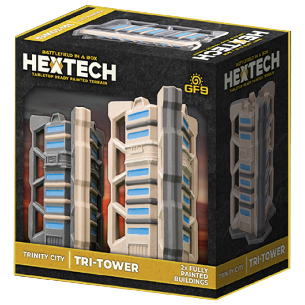 A Battlefield in a Box Hextech Terrain - Trinity City Tri-Tower box featuring two detailed futuristic building miniatures