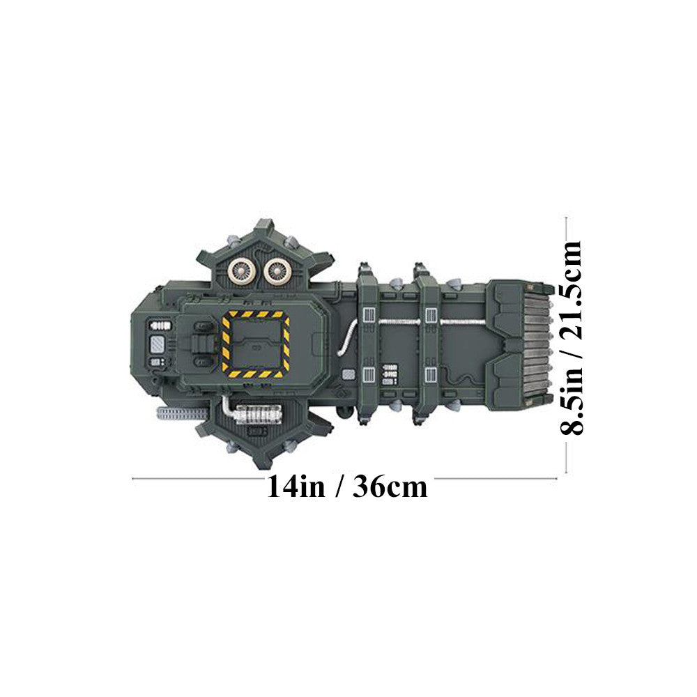 A grey Gothic Sector Legion Stronghold miniature from a top view, measuring 14in by 8.5in