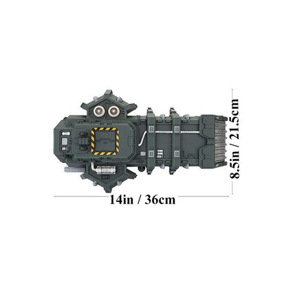 A grey Gothic Sector Legion Stronghold miniature from a top view, measuring 14in by 8.5in