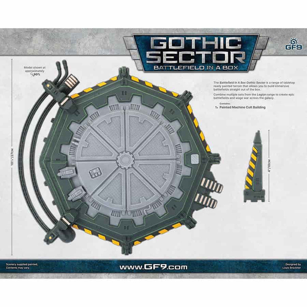 A large hexagonal dark green machine cult building model with a grey segmented top is shown next to a smaller conical structure with yellow and black stripes