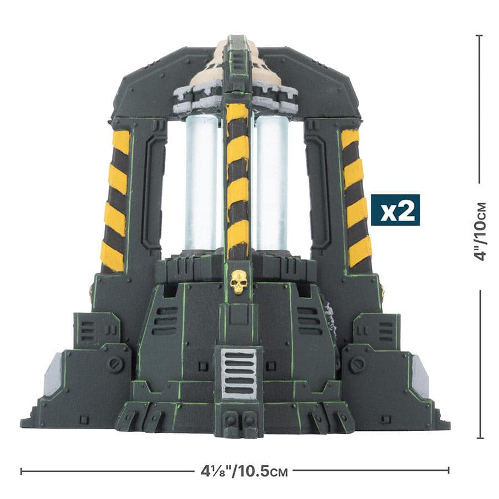 A single dark grey and green sci-fi plasma generator with two clear tubes, yellow and black striped supports, and a gold skull emblem