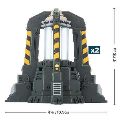 A single dark grey and green sci-fi plasma generator with two clear tubes, yellow and black striped supports, and a gold skull emblem