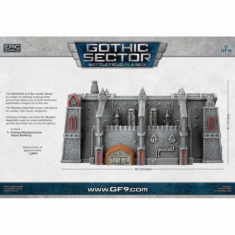 A detailed grey gothic-style Manfactorium Depot building miniature with red windows, an orange arched entrance, and industrial piping on a grey background