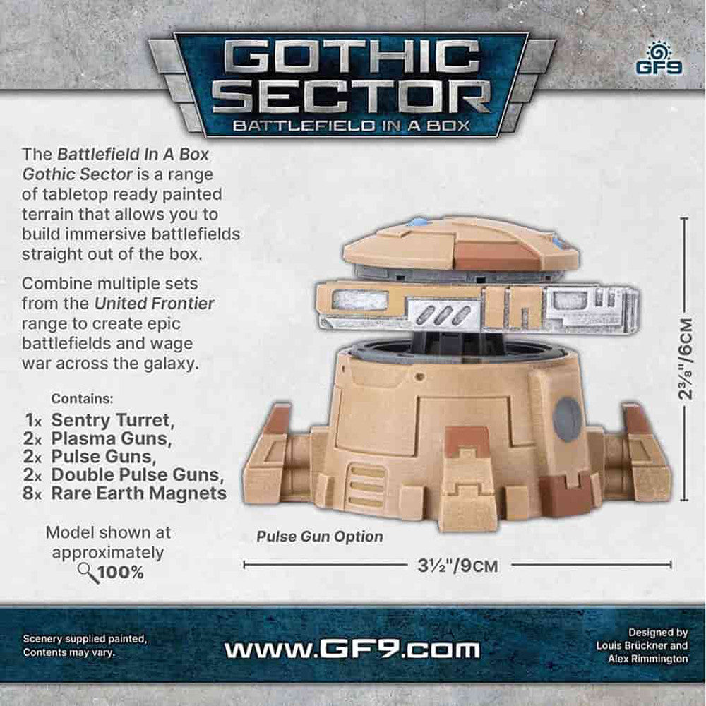 A tan and grey sci-fi Sentry Turret miniature for the Gothic Sector, displayed with its dimensions on a product advertisement