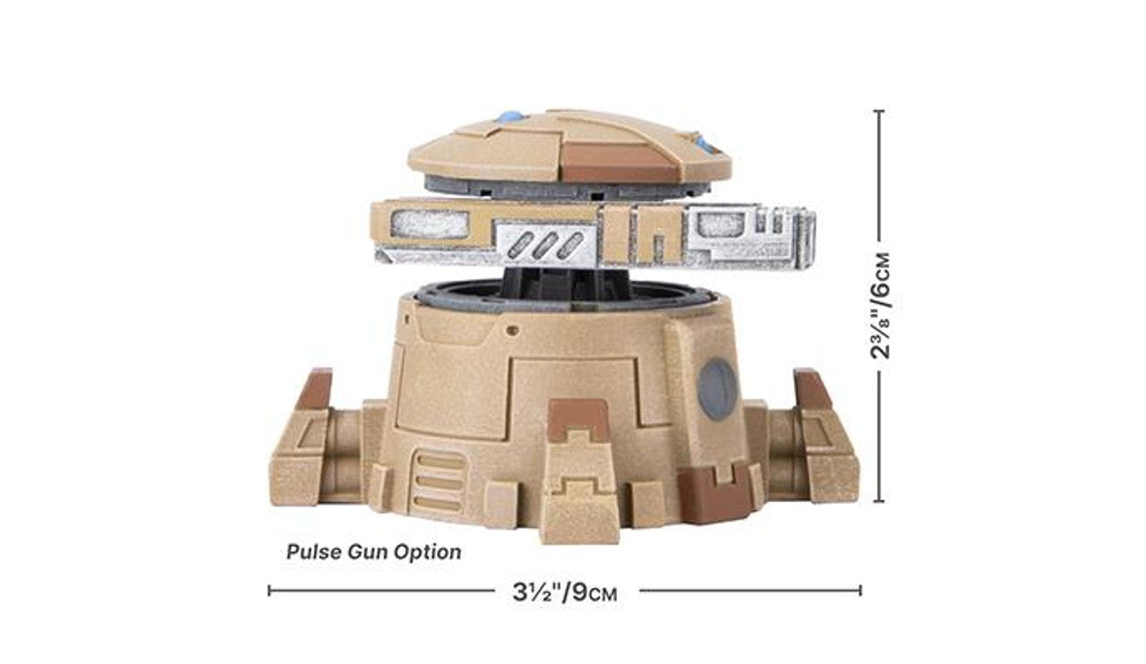 A tan and grey Sentry Turret with a pulse gun option shown with its 2 3/8 inch height and 3 1/2 inch width