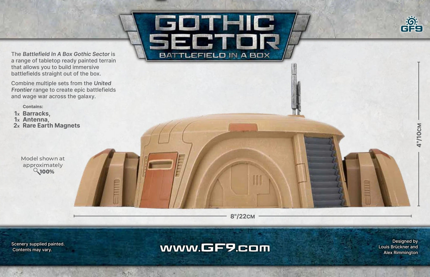 A beige, futuristic Gothic Sector barracks with an antenna and attached structures, shown with its dimensions