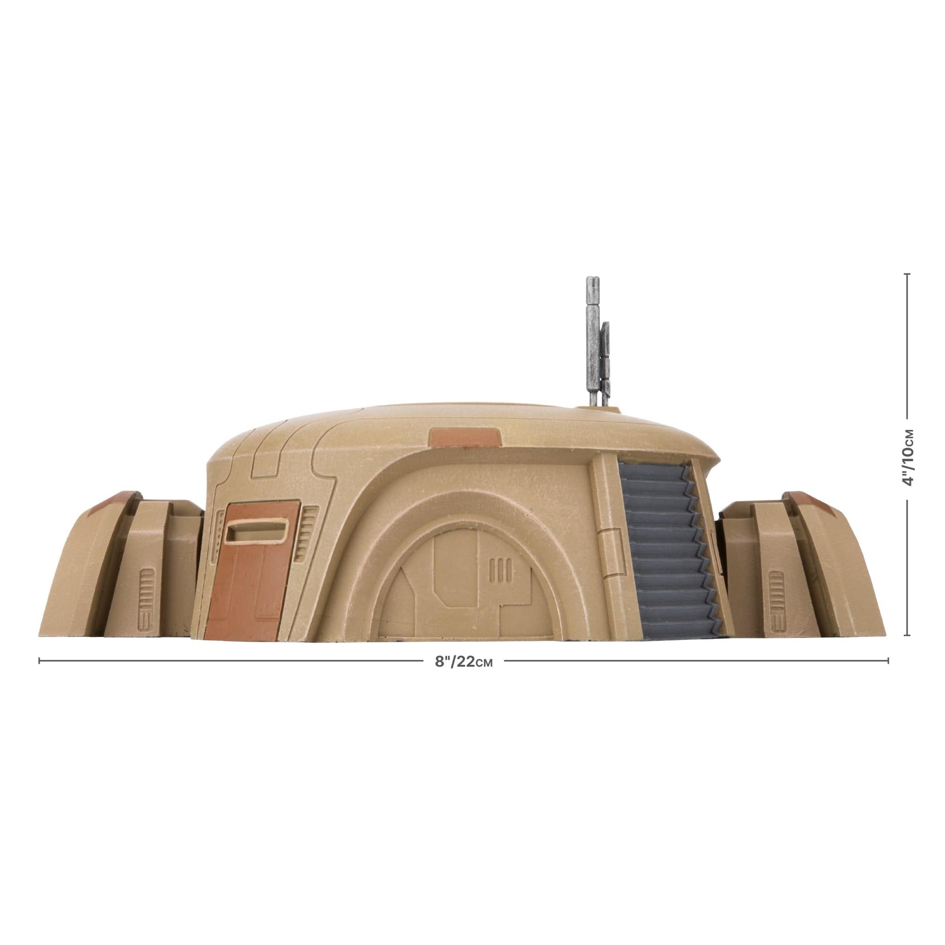 A desert-coloured United Frontier Barracks miniature features arched entrances, exterior stairs leading to a rounded roof with an antenna, and two side bunkers, with dimensions 8 by 4 inches