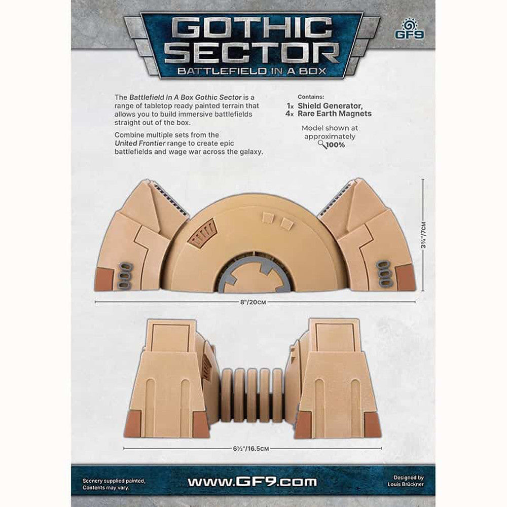 Two views of a beige and grey Gothic Sector Shield Generator terrain piece with dimensions, showing a wide arc and a more compact form