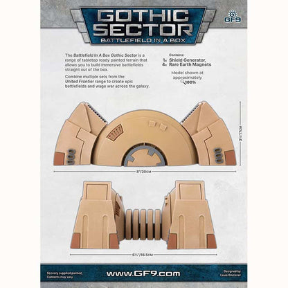 Two views of a beige and grey Gothic Sector Shield Generator terrain piece with dimensions, showing a wide arc and a more compact form