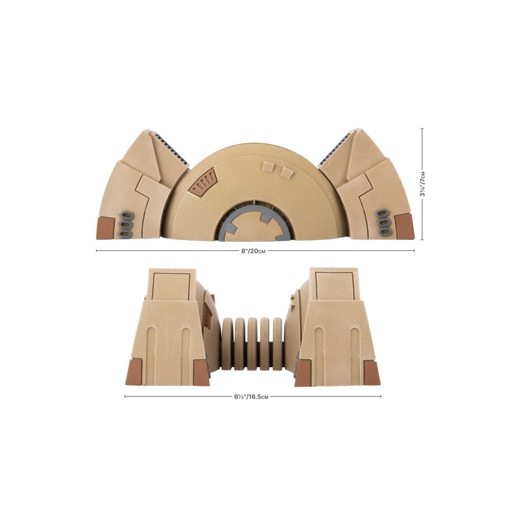Two views of a tan sci-fi Shield Generator terrain piece, showing a curved structure with angled sides and a gate-like barrier with dimensions