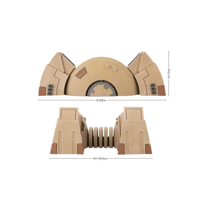 Two views of a tan sci-fi Shield Generator terrain piece, showing a curved structure with angled sides and a gate-like barrier with dimensions