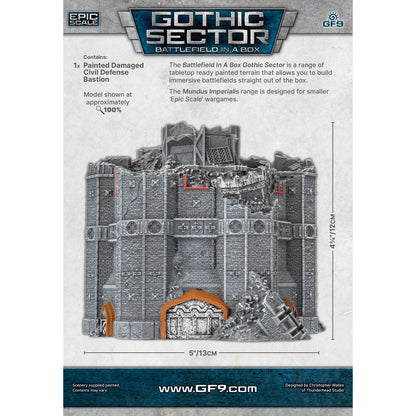 A damaged Gothic Sector Civil Defense Bastion model shows a grey stone building with gothic details, an orange archway, and significant rubble on its upper levels