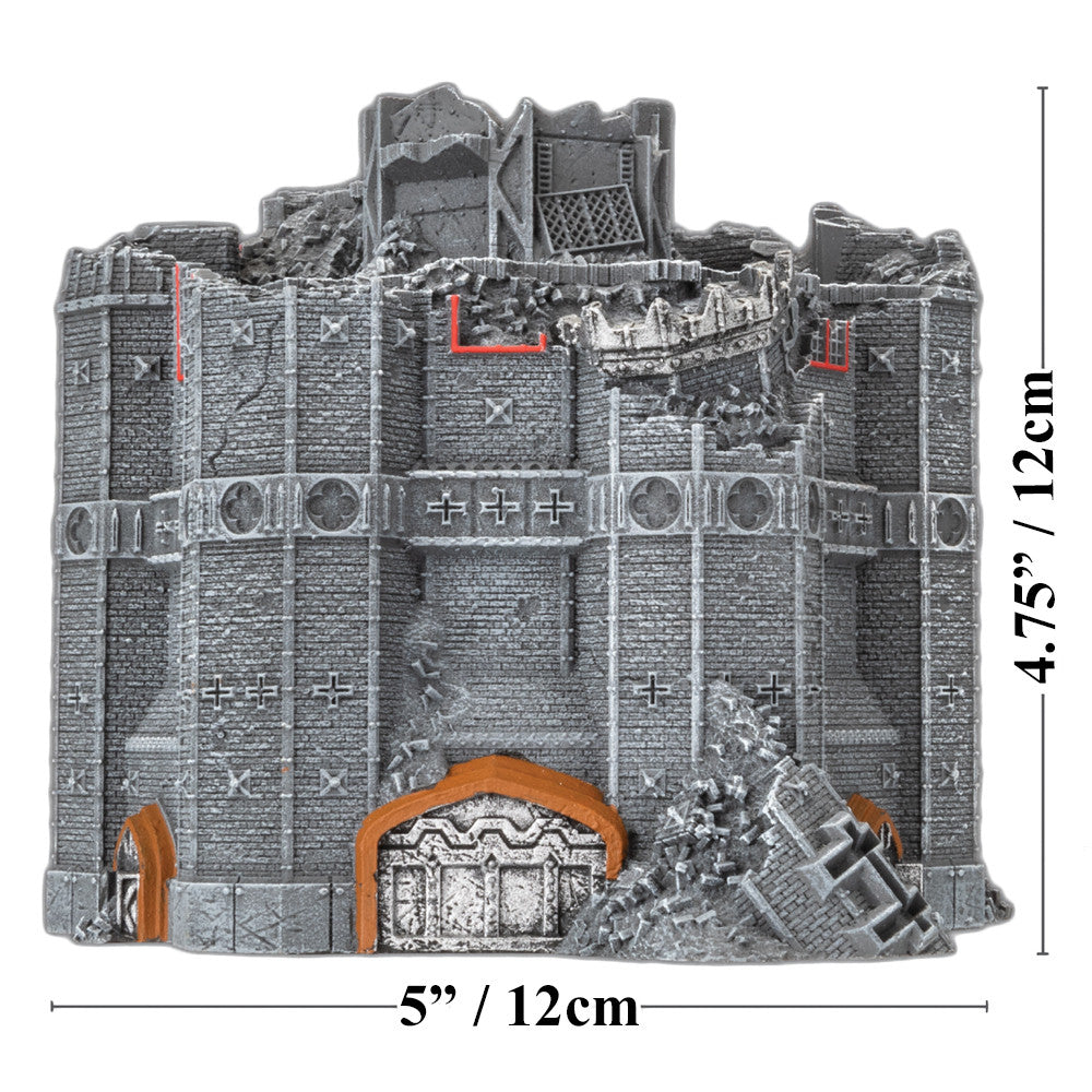 A damaged Civil Defense Bastion miniature features grey stone walls, gothic details, a rubble-strewn base, and an orange archway entrance with visible dimensions