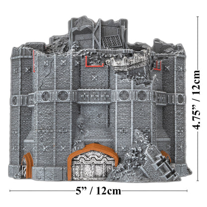 A damaged Civil Defense Bastion miniature features grey stone walls, gothic details, a rubble-strewn base, and an orange archway entrance with visible dimensions