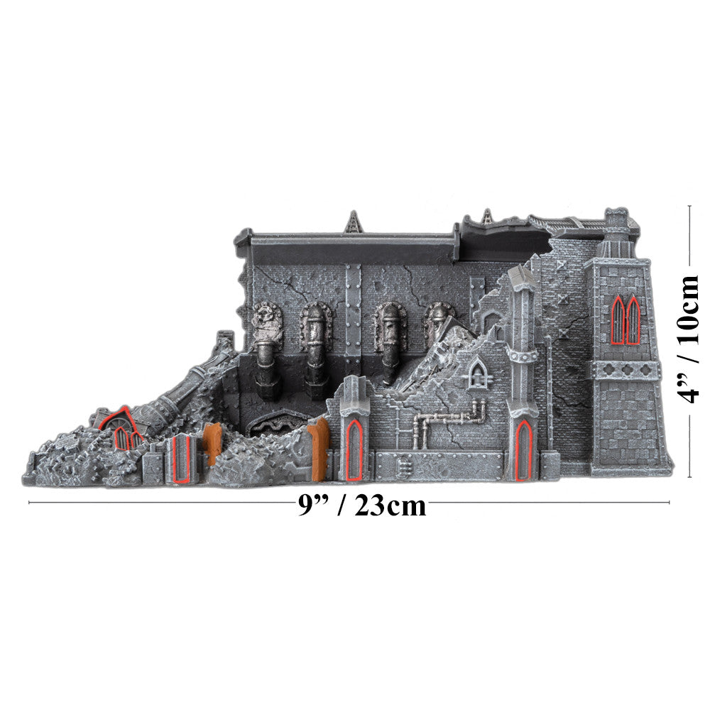 A damaged dark grey Gothic Sector Mundus Imperialis Manufactorium Depot model with red windows, pipes, rubble, and dimensions shown