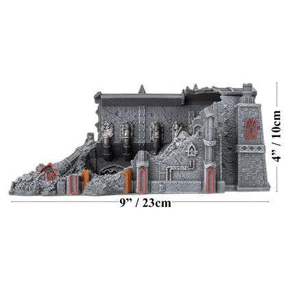 A damaged dark grey Gothic Sector Mundus Imperialis Manufactorium Depot model with red windows, pipes, rubble, and dimensions shown