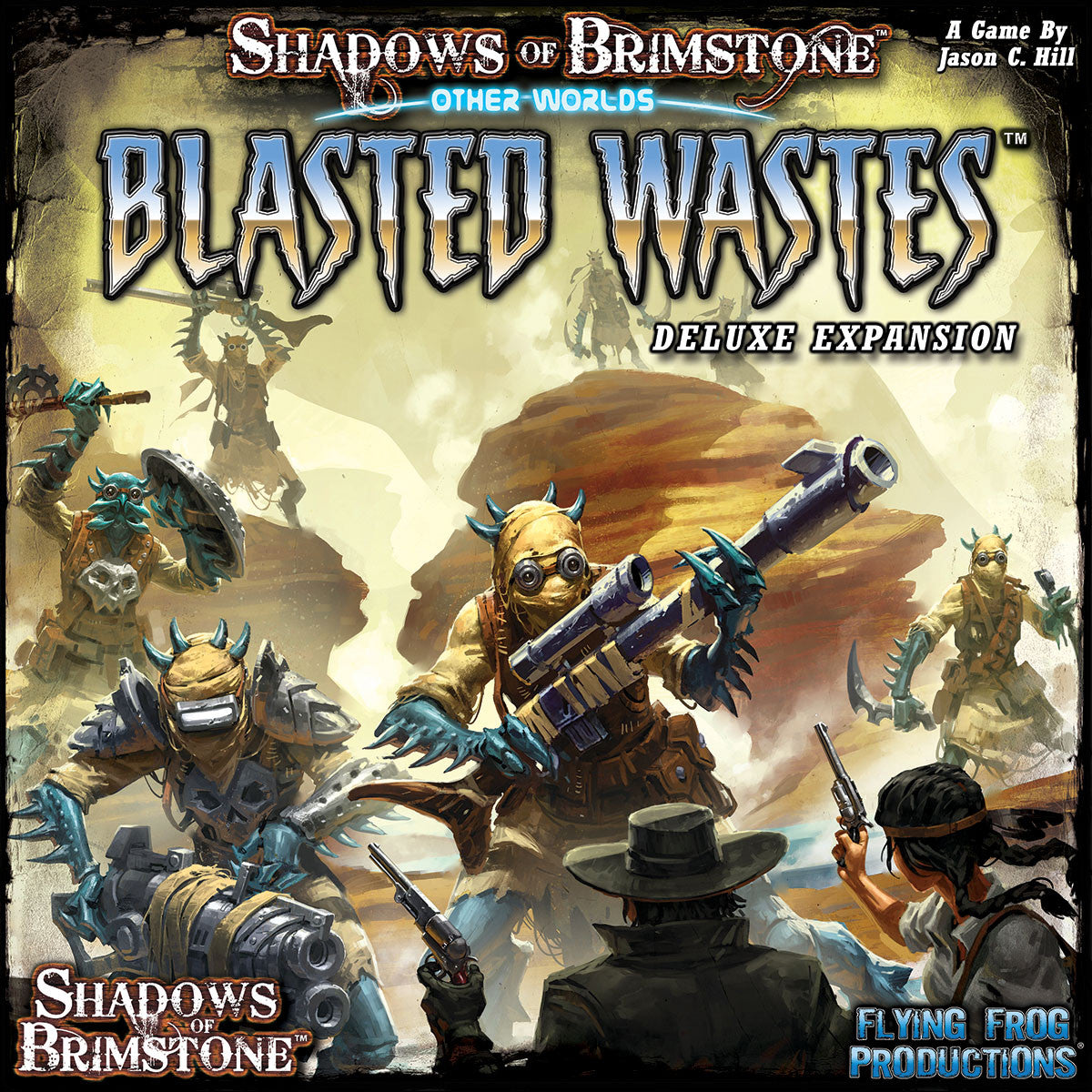 The Shadows of Brimstone Other Worlds Blasted Wastes Deluxe Expansion box art shows human figures fighting horned alien creatures in a desert landscape