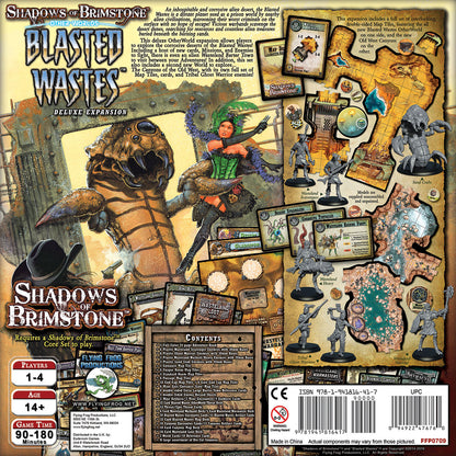 The Shadows of Brimstone Blasted Wastes Deluxe Expansion box features a large worm monster, a green-haired character, game miniatures, map tiles, and cards