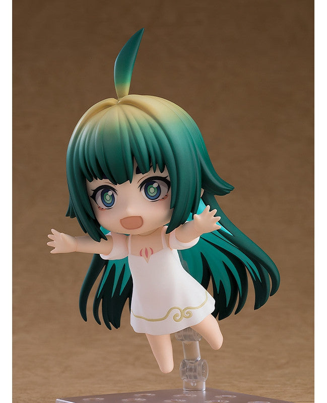 Nendoroid 141 A smiling girl anime figure with green hair and a white dress on a clear stand