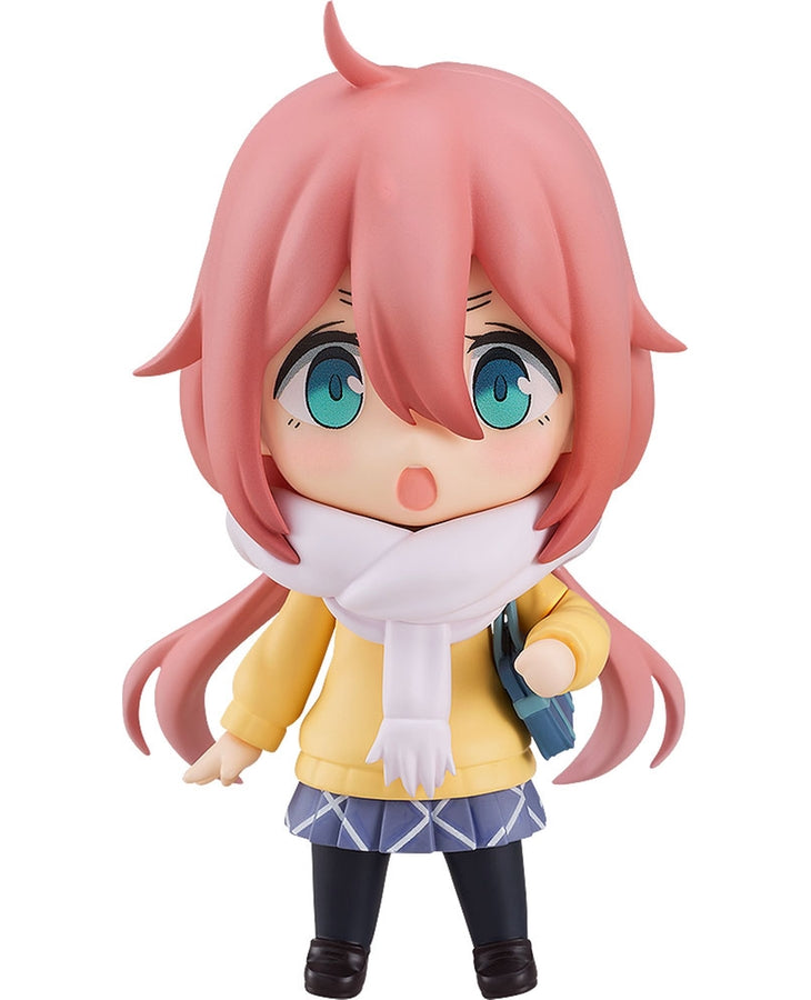 Nendoroid Nadeshiko Kagamihara in school uniform smiling with a peace sign and backpack
