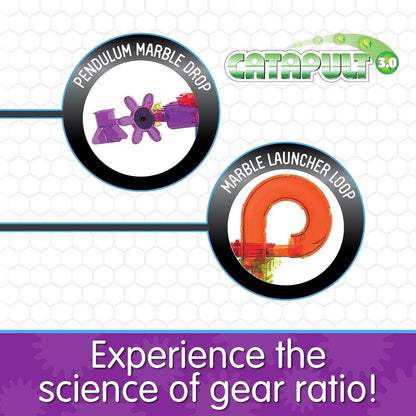 Catapult 3.0 marble run parts: Pendulum Marble Drop (purple) and Marble Launcher Loop (orange)