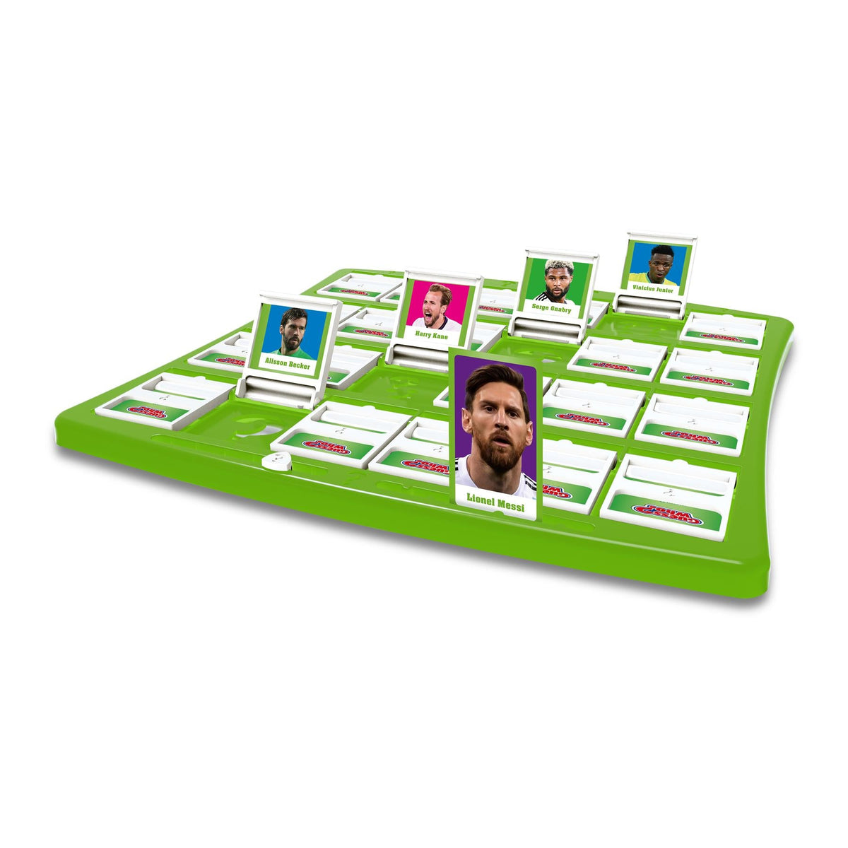 Green Guess Who World Football Stars guessing game board with player cards including Lionel Messi Alisson Becker Harry Kane Serge Gnabry and Vinicius Junior
