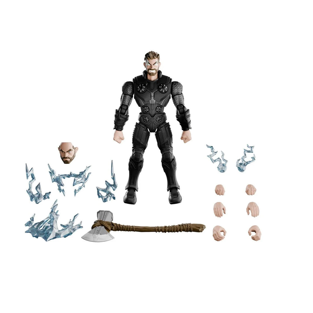 Action figure of Thor in black suit with Stormbreaker axe, alternate head, and lightning effects