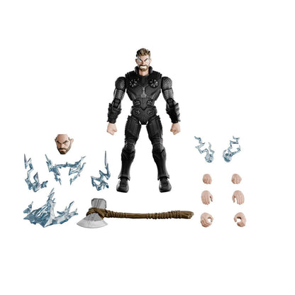 Action figure of Thor in black suit with Stormbreaker axe, alternate head, and lightning effects