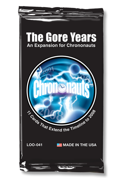 A black Chrononauts The Gore Years expansion pack for a game, showing a blue circle with lightning and the text Chrononauts, noting it adds 11 cards to the timeline through 2008 and is Made in USA