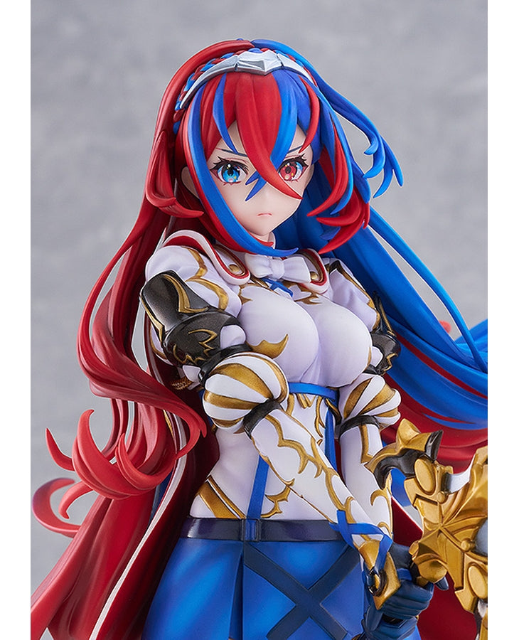 Alear figure with iconic red and blue split hair, heterochromatic eyes, wearing a white and blue outfit, holding a golden weapon