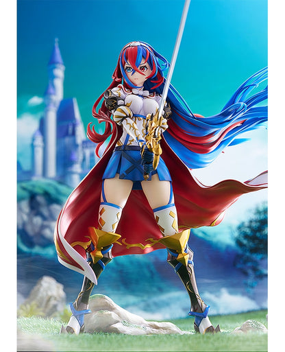 Female anime warrior figure with red and blue hair, holding a sword. Wears white, blue, and gold armor with a flowing red cape. Blue castle behind