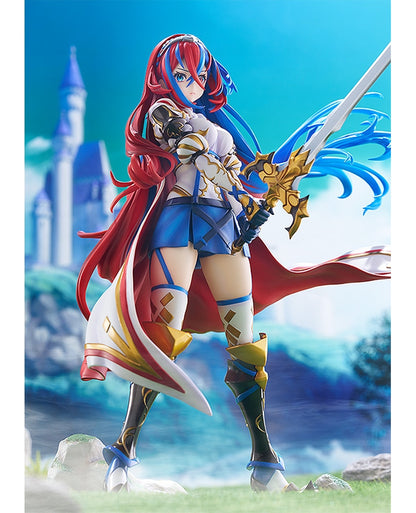 A female anime figure with split red and blue hair, wielding a sword, stands against a fantasy castle backdrop