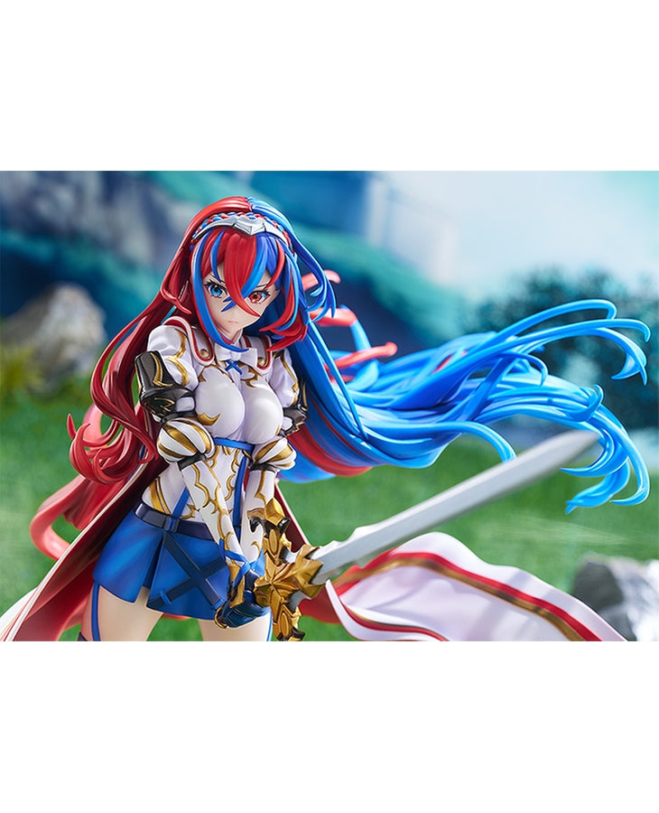 Collectible figure of a female character with split red and blue hair, holding a sword, in a dynamic pose