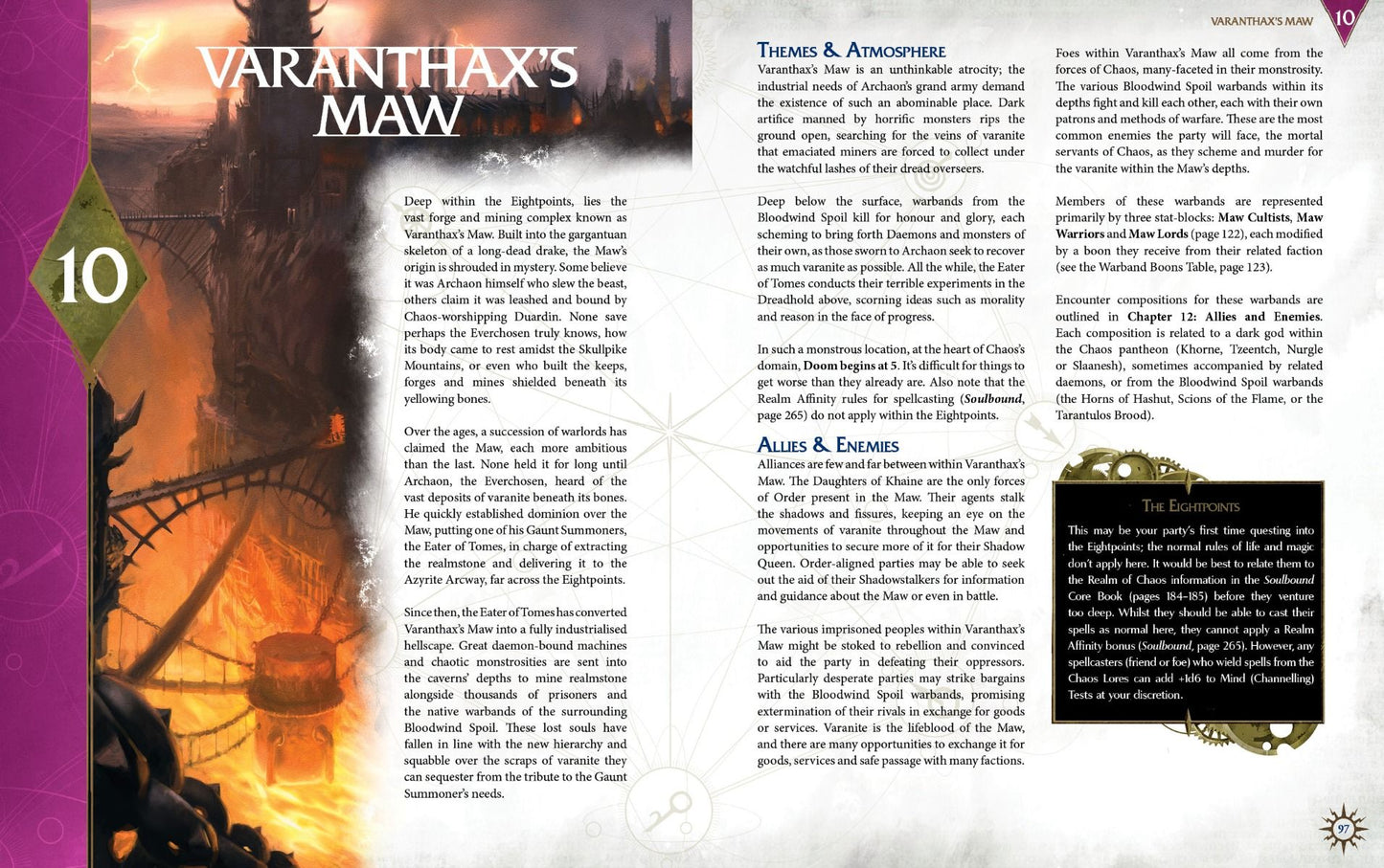 Varathax's Maw: A vast, fiery industrial cavern with bridges and molten glow Page 10