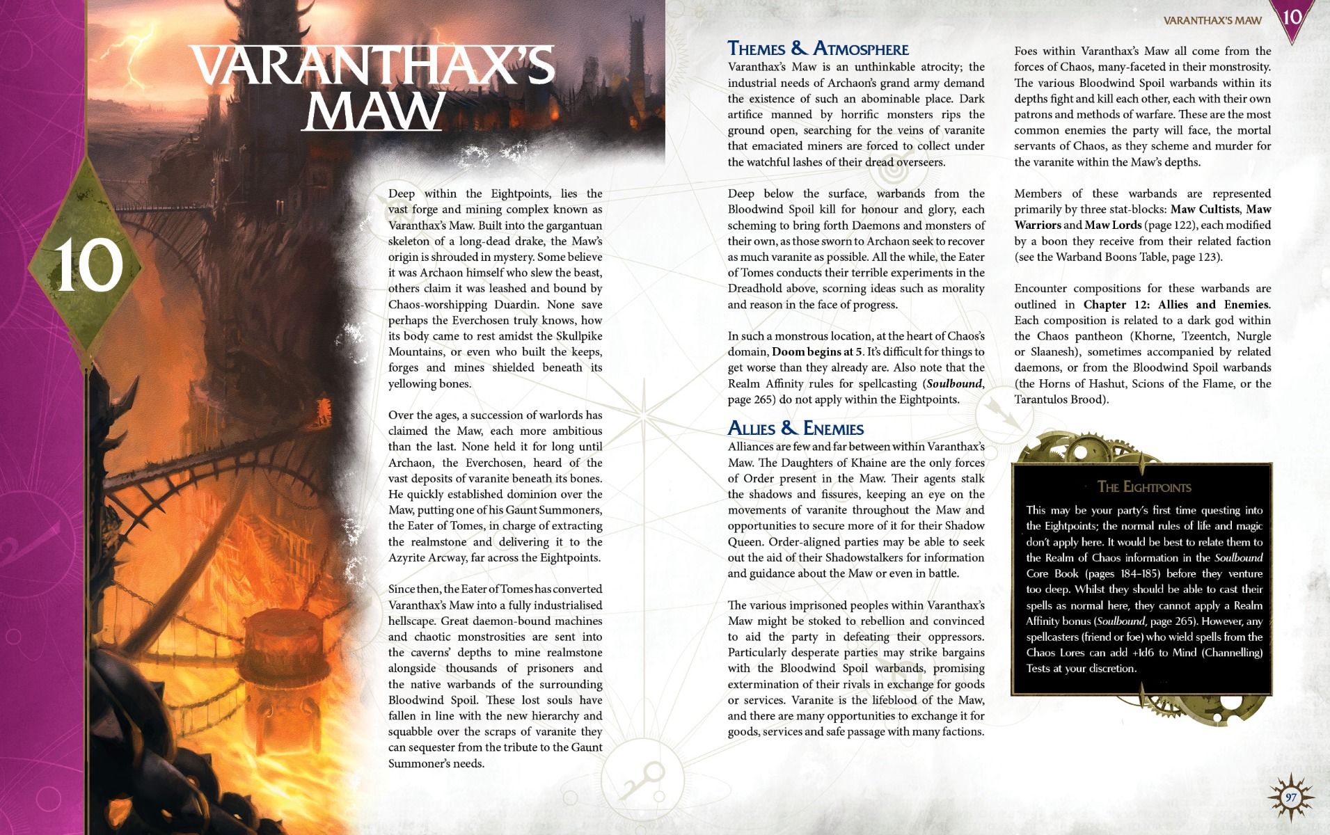 Varathax's Maw: A vast, fiery industrial cavern with bridges and molten glow Page 10