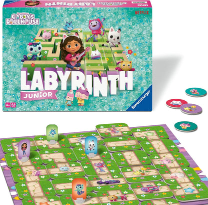 Gabby's Dollhouse Labyrinth Junior board game by Ravensburger, featuring Gabby and cat characters on a shifting maze board