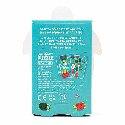 Back of Professor Puzzle "Snapping Turtles" card game box, showing rules and illustrated turtle cards
