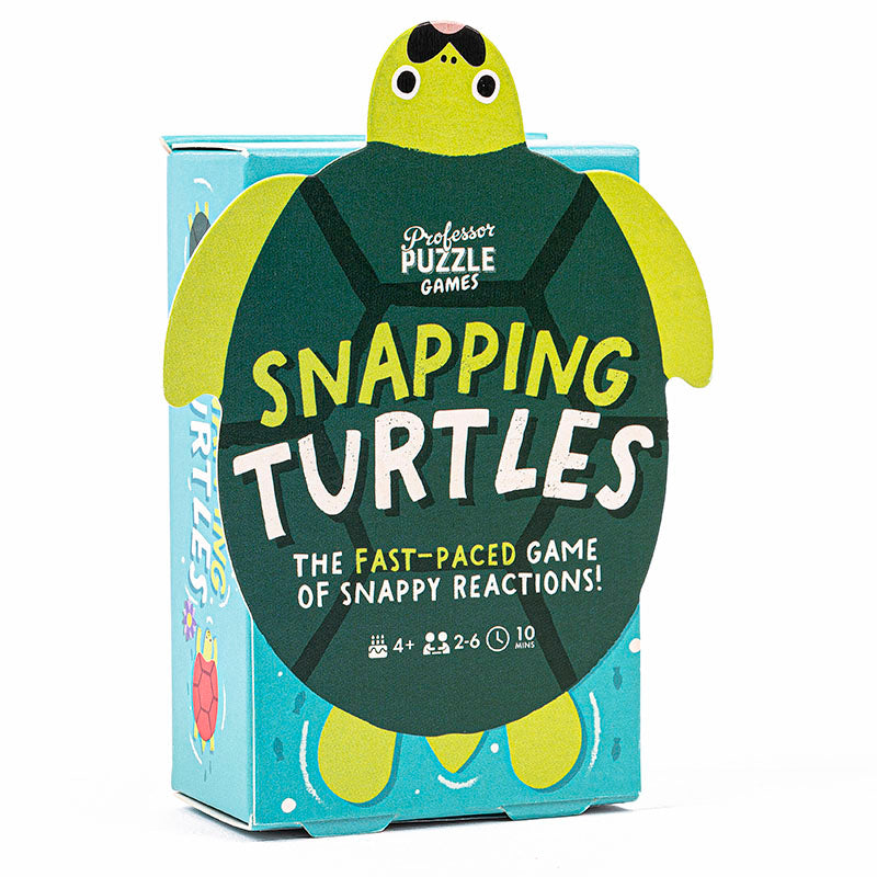 Professor Puzzle Games "Snapping Turtles" box featuring a large, die-cut green cartoon turtle packaging