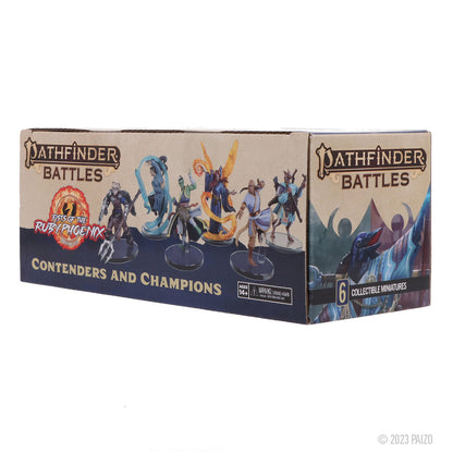 A cardboard box for the Pathfinder Battles Fists of the Ruby Phoenix - Contenders and Champions set, featuring six colorful fantasy miniatures on the front