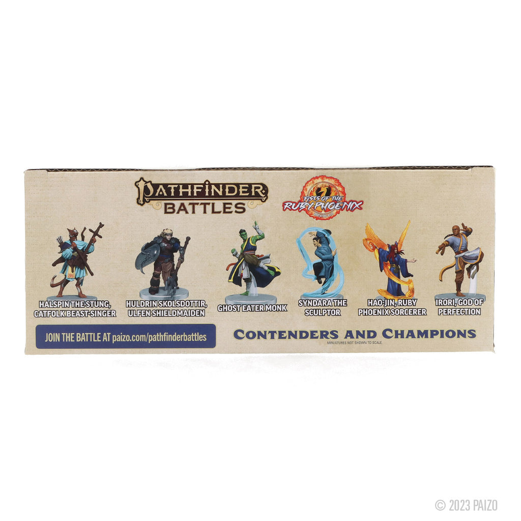 The back of the Pathfinder Battles Fists of the Ruby Phoenix Contenders and Champions Boxed Set displays six unique fantasy miniatures and their character names