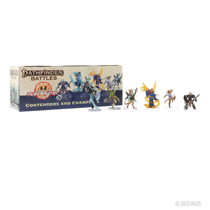 A Pathfinder Battles Fists of the Ruby Phoenix Contenders and Champions Boxed Set with several painted miniature fantasy figures displayed in front of it