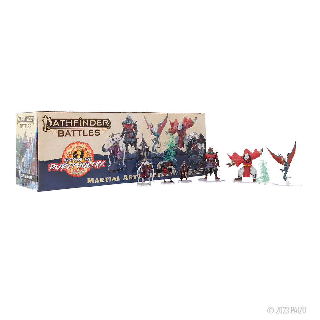 Pathfinder Battles: Fists of the Ruby Phoenix box and several fantasy miniatures displayed on a white background