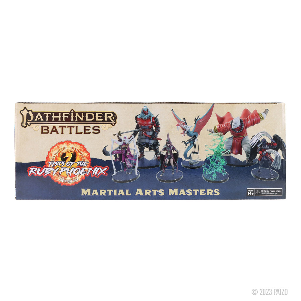 Pathfinder Battles: Fists of the Ruby Phoenix box showing six detailed fantasy miniatures: warriors, a monk, and winged beasts