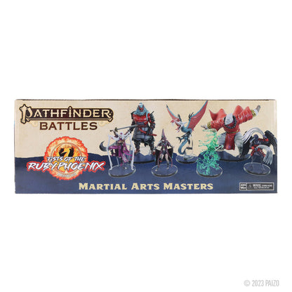 Pathfinder Battles: Fists of the Ruby Phoenix box showing six detailed fantasy miniatures: warriors, a monk, and winged beasts