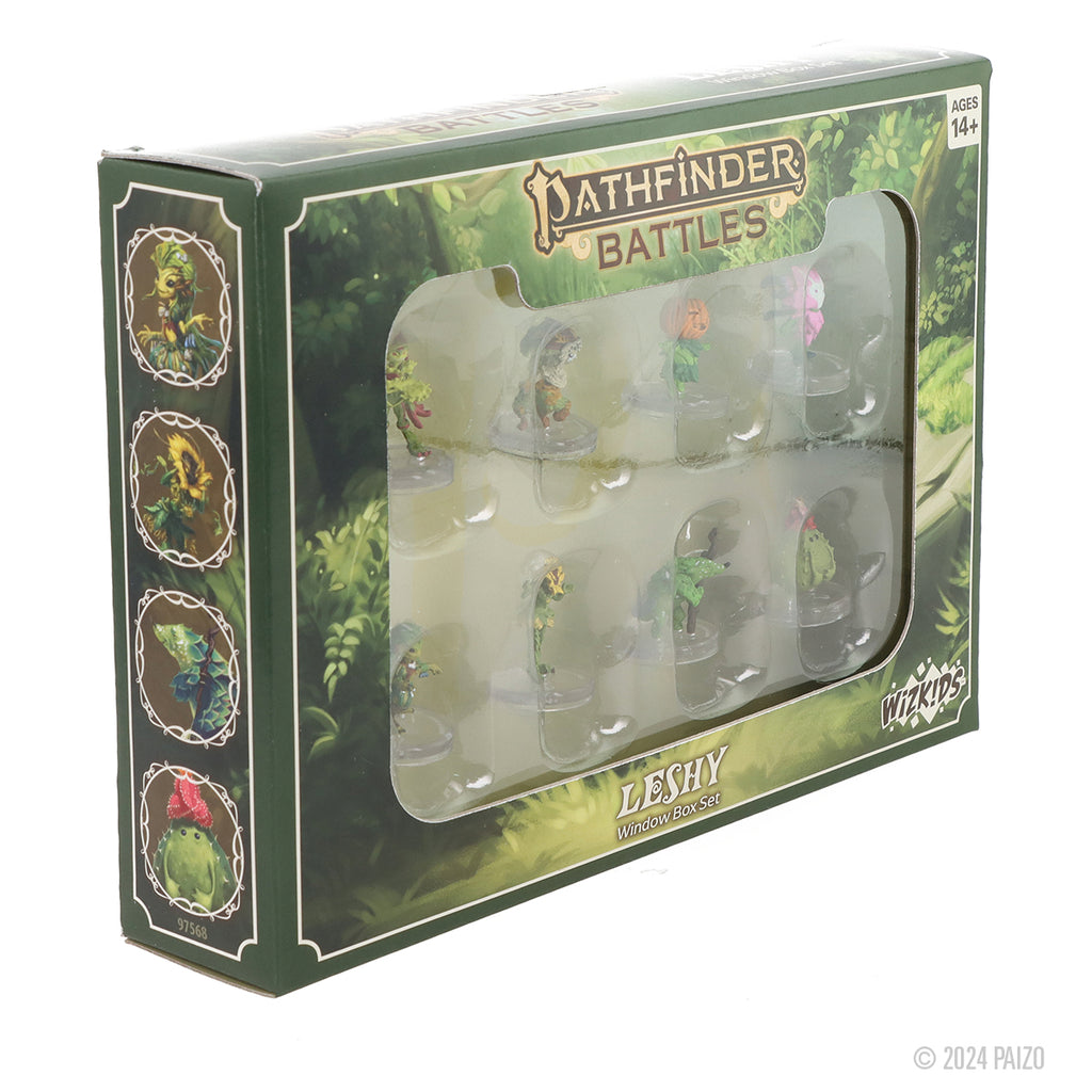 A dark green Pathfinder Battles Leshy Window Box Set, showcasing eight colorful plant creature miniatures
