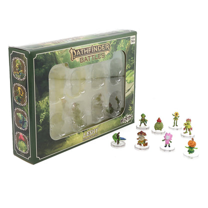 Alt text: Pathfinder Battles Leshy mini-figure set, with eight colorful plant-creature figures displayed next to their green box