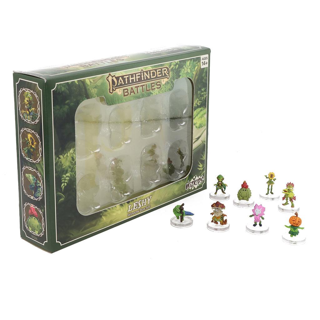 Alt text: Pathfinder Battles Leshy mini-figure set, with eight colorful plant-creature figures displayed next to their green box