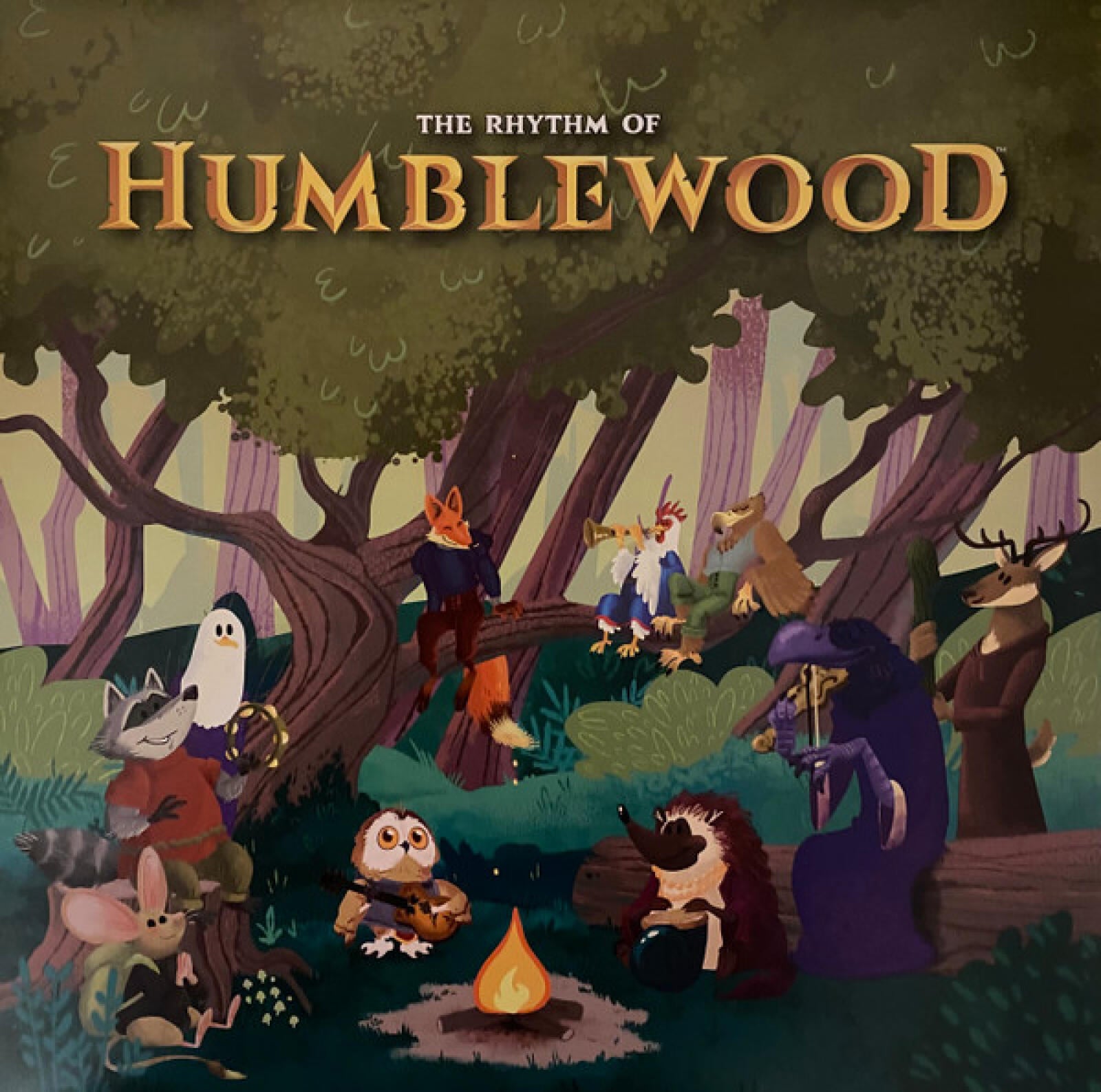 The Rhythm of Humblewood cover: Anthropomorphic forest animals playing instruments by a campfire.
